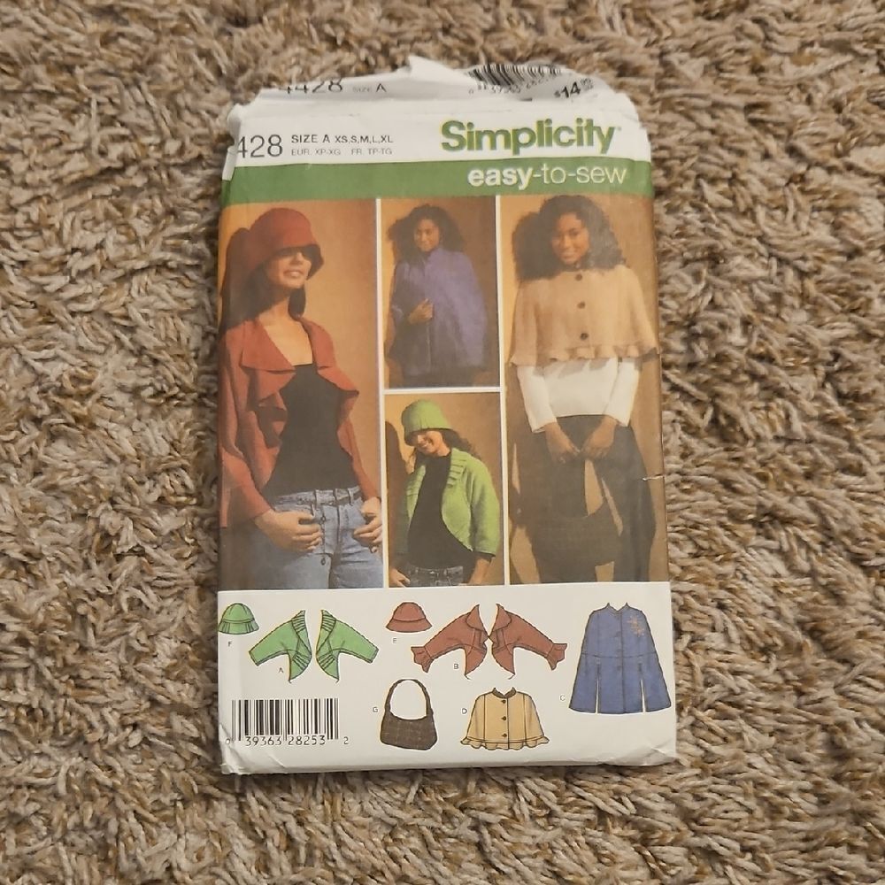 Simplicity Pattern 1428 Misses' Jacket, Cape (In Two Lengths), Hat, And Bag
